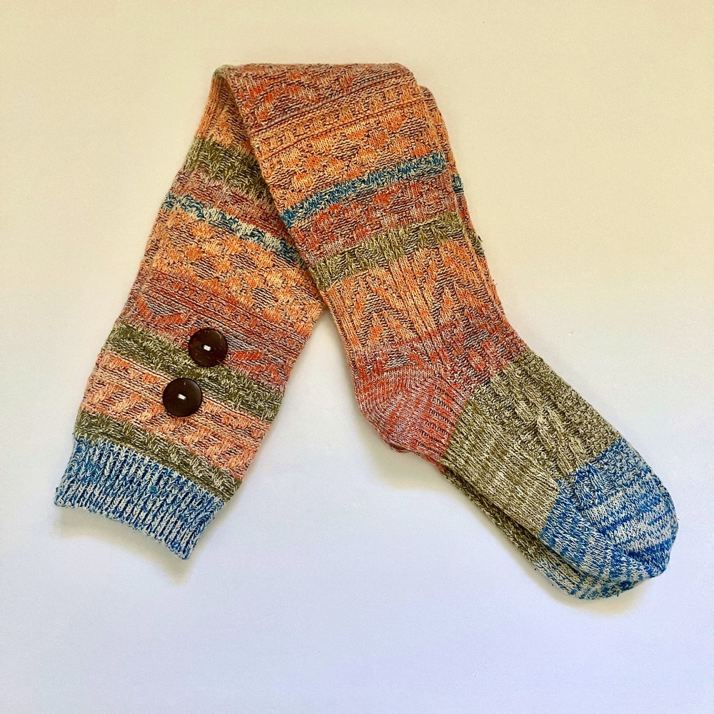 NWOT over the knee high striped cable knit socks green orange blue shell buttons
